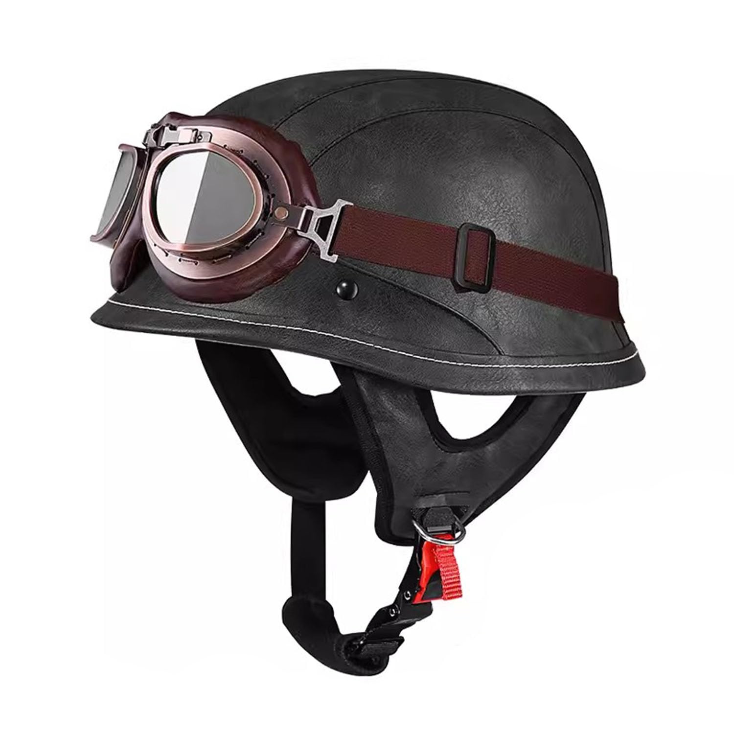 PU Leder Deutscher Stil Motorradhelm, Motorrad Halbhelme Herren Damen, Motorrad Offener Helm Mit Schutzbrille, Open Face Motorrad Helme DOT/ECE-Zulassung ,L=(59-60cm),BB von OZXDKJ