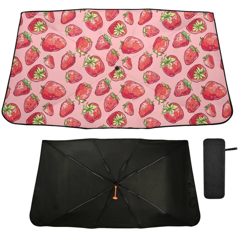 Oarencol Windschutzscheiben-Sonnenschutz, Regenschirm, Erdbeeren, niedliches Obst, Rosa, faltbar, für die Frontscheibe, blockiert UV-Strahlen, Hitze, hält das Fahrzeug kühl, 140 x 69,8 cm von Oarencol