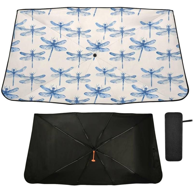 Oarencol Windschutzscheiben-Sonnenschutz, Regenschirm, blaue Libelle, faltbar, für die Frontscheibe, blockiert UV-Strahlen, Hitze, hält das Fahrzeug kühl, 140 x 69,8 cm von Oarencol