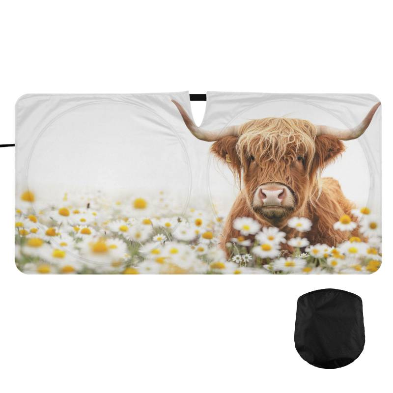 Oarencol Windshield Sun Shade Cute Highland Cow Florals Car Sunshade for Auto Truck SUV, Sun Shield That Keeps Your Vehicle Cool, Foldable, Storage Bag 62 x 32 Zoll von Oarencol