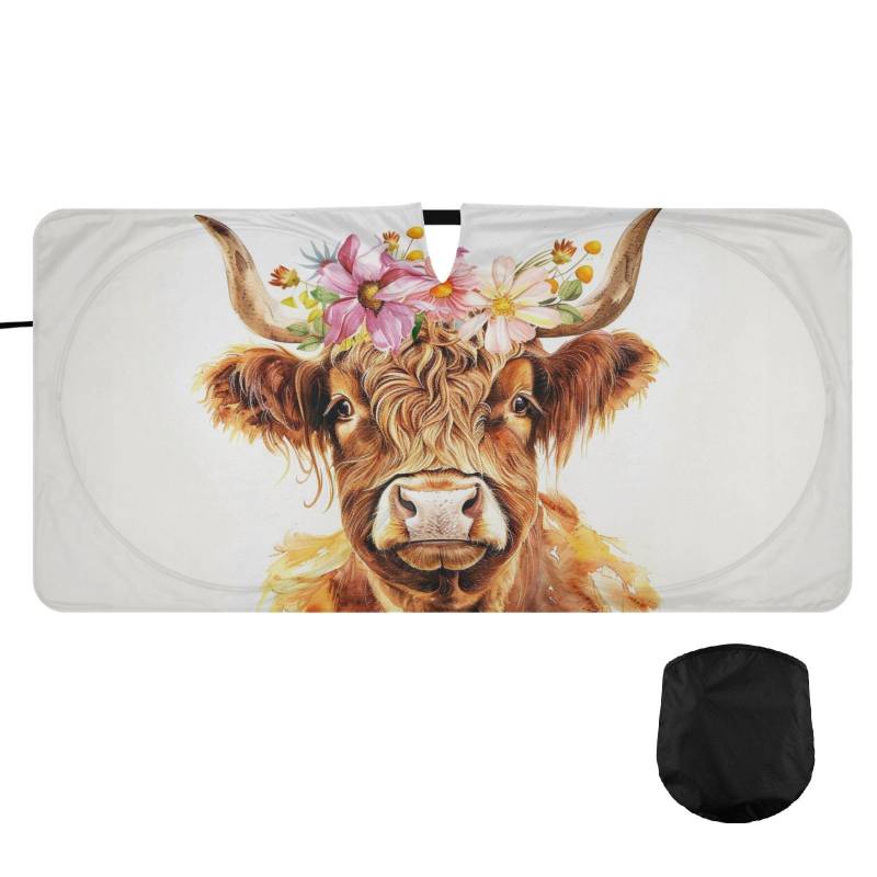 Oarencol Windshield Sun Shade Cute Highland Cow Flowers Car Sunshade for Auto Truck SUV, Sun Shield That Keeps Your Vehicle Cool, Foldable, Storage Bag 62 x 32 Zoll von Oarencol