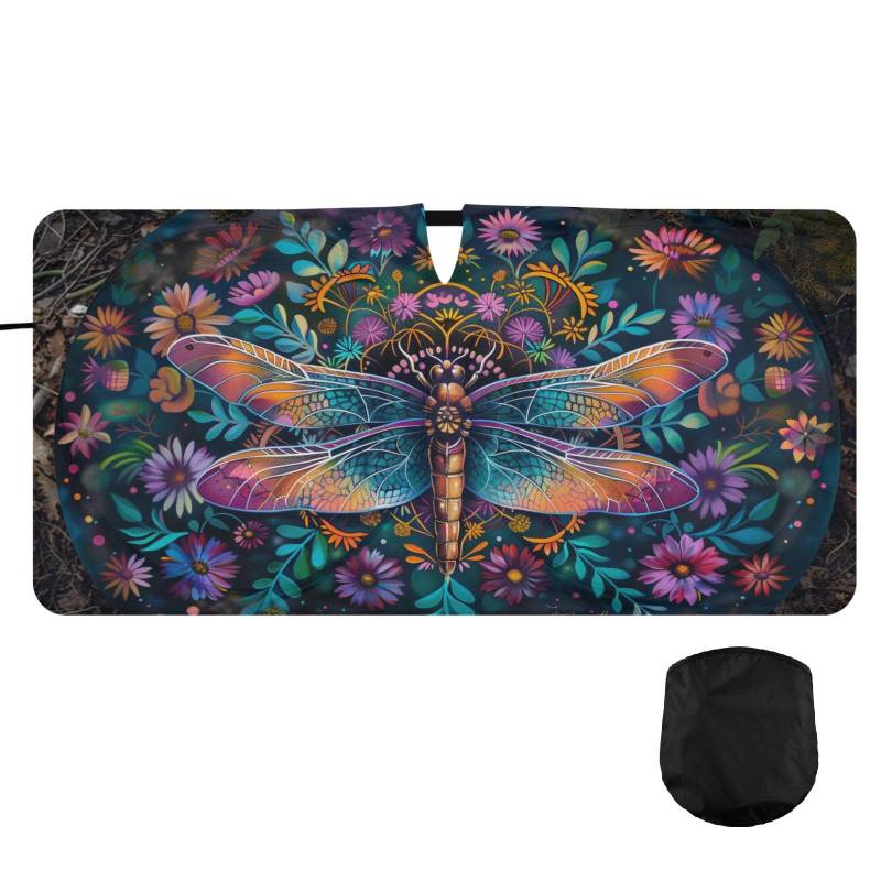 Oarencol Windshield Sun Shade Dragonfly Floral Mandala Boho Car Sunshade for Auto Truck SUV, Sun Shield That Keeps Your Vehicle Cool, Foldable, Storage Bag 62 x 32 Zoll von Oarencol