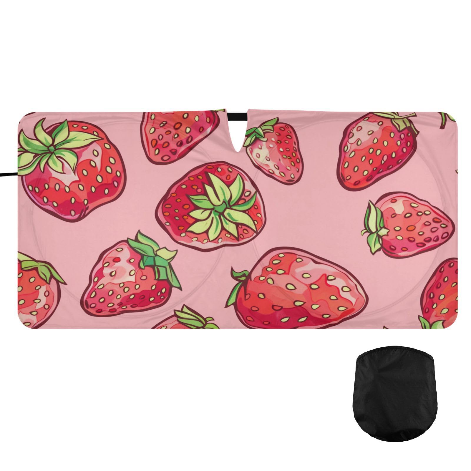 Oarencol Windshield Sun Shade Strawberrys Cute Fruit Pink Car Sunshade for Auto Truck SUV, Sun Shield That Keeps Your Vehicle Cool, Foldable, Storage Bag 62 x 32 Zoll von Oarencol