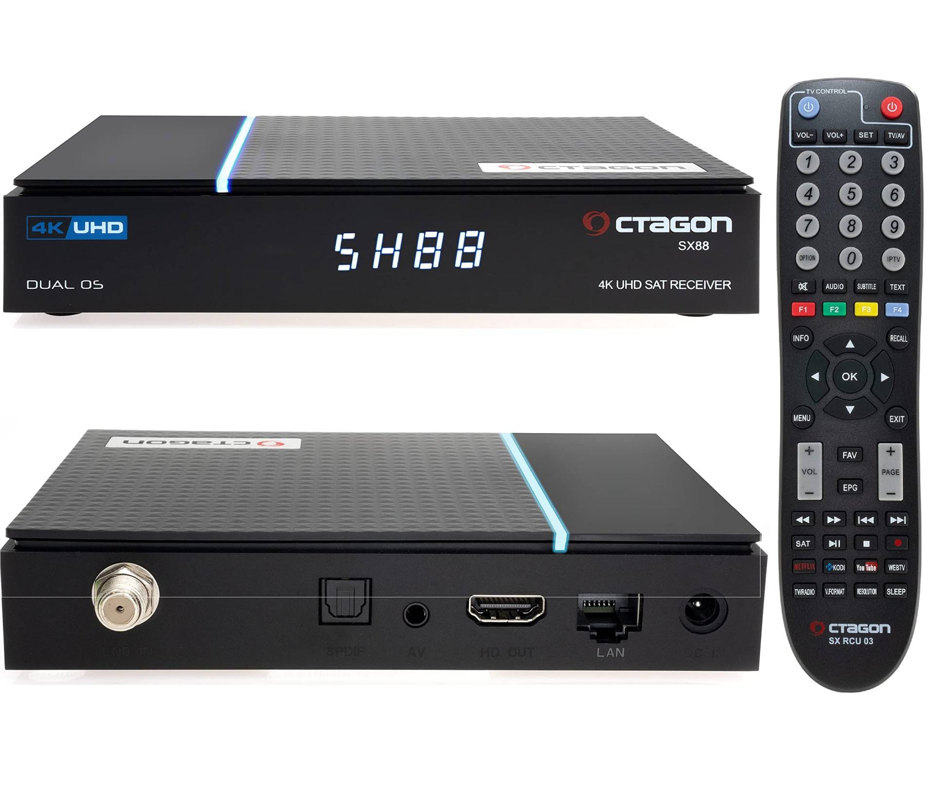 OCTAGON SX88 V2 (Version 2) 4K UHD S2+IP 1xDVB-S2 E2 Linux Smart TV Sat Receiver, Multiboot SW: Define OS + E2 Linux, H.265, Sat to IP, Kartenleser, Multiroom, YouTube, Mediathek, Web-Radio, HD HDMI von Octagon