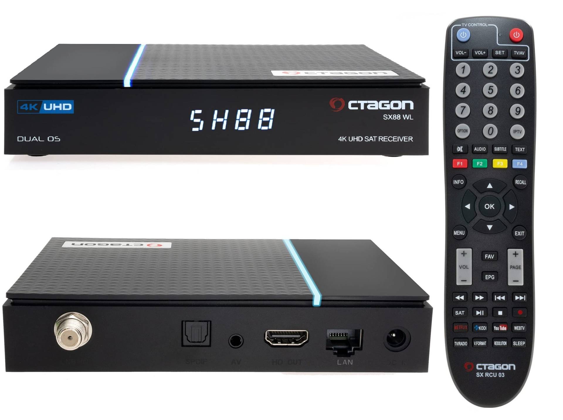 OCTAGON SX88 WL V2 (Version 2) 4K UHD S2+IP 1xDVB-S2 E2 Linux Smart TV Sat Receiver, Multiboot SW: Define OS + E2 Linux, WiFi WLAN, Sat to IP, Kartenleser, YouTube, Mediathek, Web-Radio, HD HDMI von Octagon