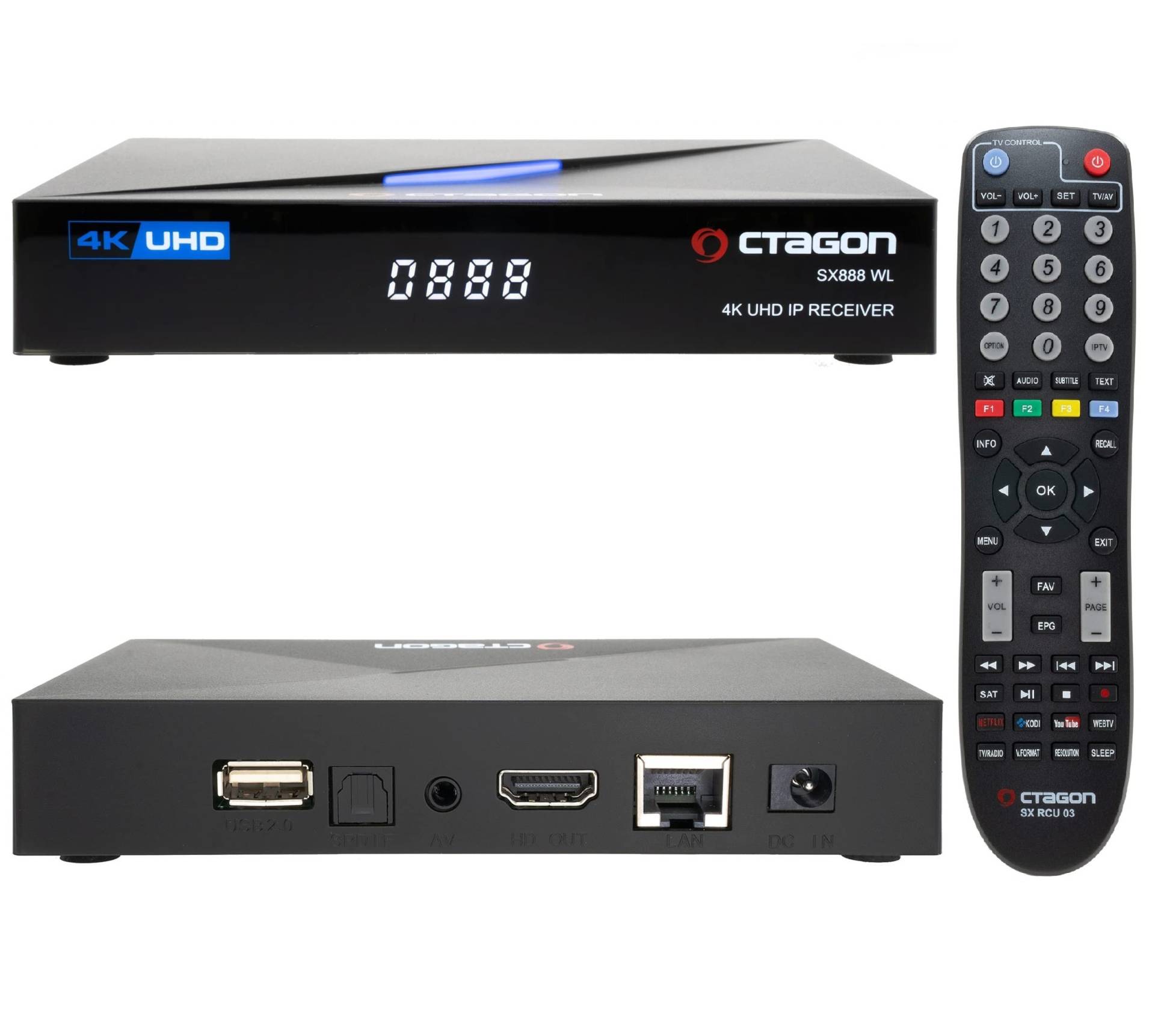 OCTAGON SX888 WL V2 (Version 2) 4K UHD E2 Linux Smart TV Receiver, Multiboot SW: Define OS + E2 Linux, WiFi WLAN, Sat to IP, YouTube, Mediathek, Web-Radio, HD, HDMI, Multiroom, 1GB RAM, 4GB Flash von Octagon