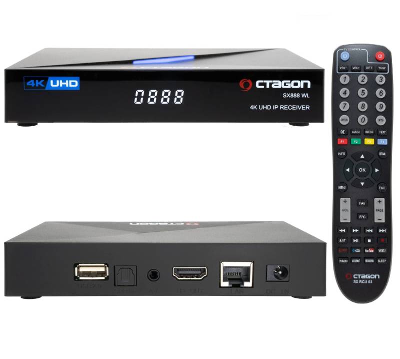 OCTAGON SX888 WL V2 (Version 2) 4K UHD E2 Linux Smart TV Receiver, Multiboot SW: Define OS + E2 Linux, WiFi WLAN, Sat to IP, YouTube, Mediathek, Web-Radio, HD, HDMI, Multiroom, 1GB RAM, 4GB Flash von Octagon