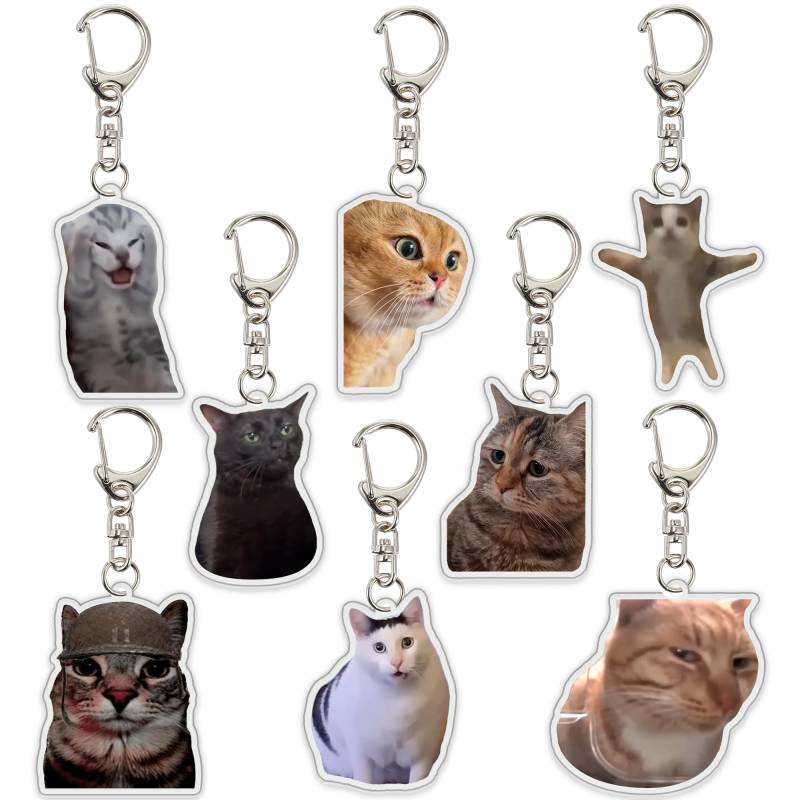 Ohjijinn 8 x Katzen-Schlüsselanhänger, niedliche Katze, Meme-Schlüsselanhänger, zwei sprechende Katzen, Kawaii-Anhänger, lustiges Geschenk für Freunde, Mehrfarbig/Meereswellen (Ocean Tides), von Ohjijinn