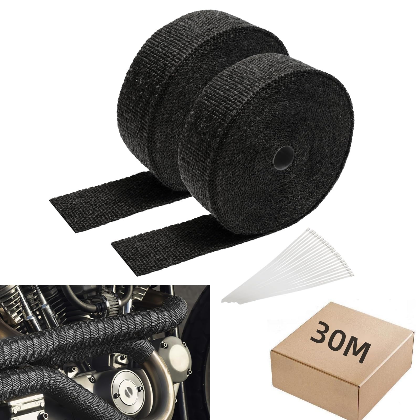 Ollewiellan 30M*5CM Hitzeschutzband Auspuff Dichtband mit 12Pcs Edelstahl Kabelbinder Hitzebeständig bis 600°C Auspuffband für Motorrad Auto Fächerkrümmer,Schallschutz und feuerfest(Schwarz) von Ollewiellan