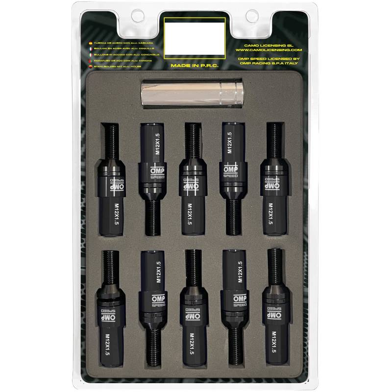 OMP SPEED Set 20 schwarze Radschrauben mit M12X1,5 metrisch 17-19 lang 28MM Gewindeschlüssel mit schwarzem Aluminiumschutz 7075 + DIN 12,9 von OMP