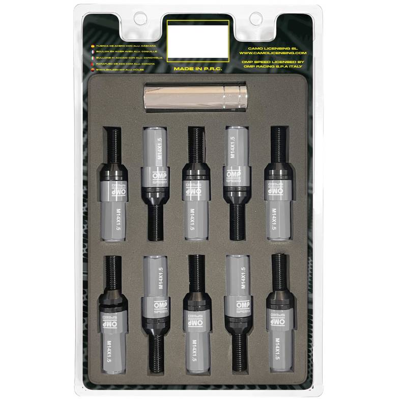 OMP SPEED Set 20 schwarze Radschrauben mit metrischem M14X1,5 17-19 langer Gewindeschlüssel von 28 mm mit grauem Aluminiumschutz 7075 + DIN 12,9 von OMP