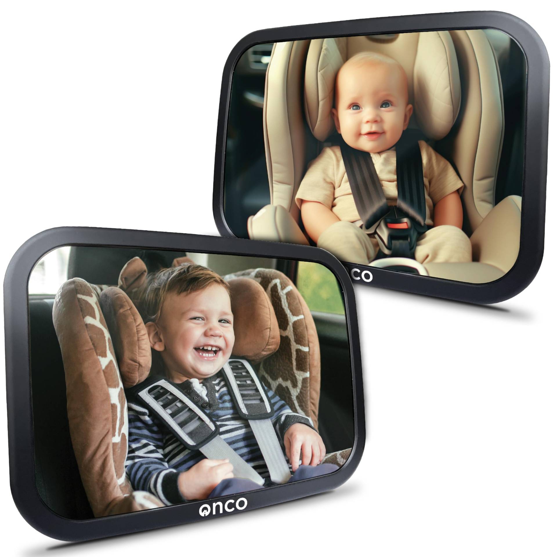 Onco 360° Baby Autospiegel (2er-Pack) - Zweifach Preisgekrönter Auto Spiegel für Baby Rücksitz, 100% Bruchsicherer & Schwenkbarer Rücksitzspiegel, Baby Erstausstattung, Universeller Baby Spiegel Auto von Onco