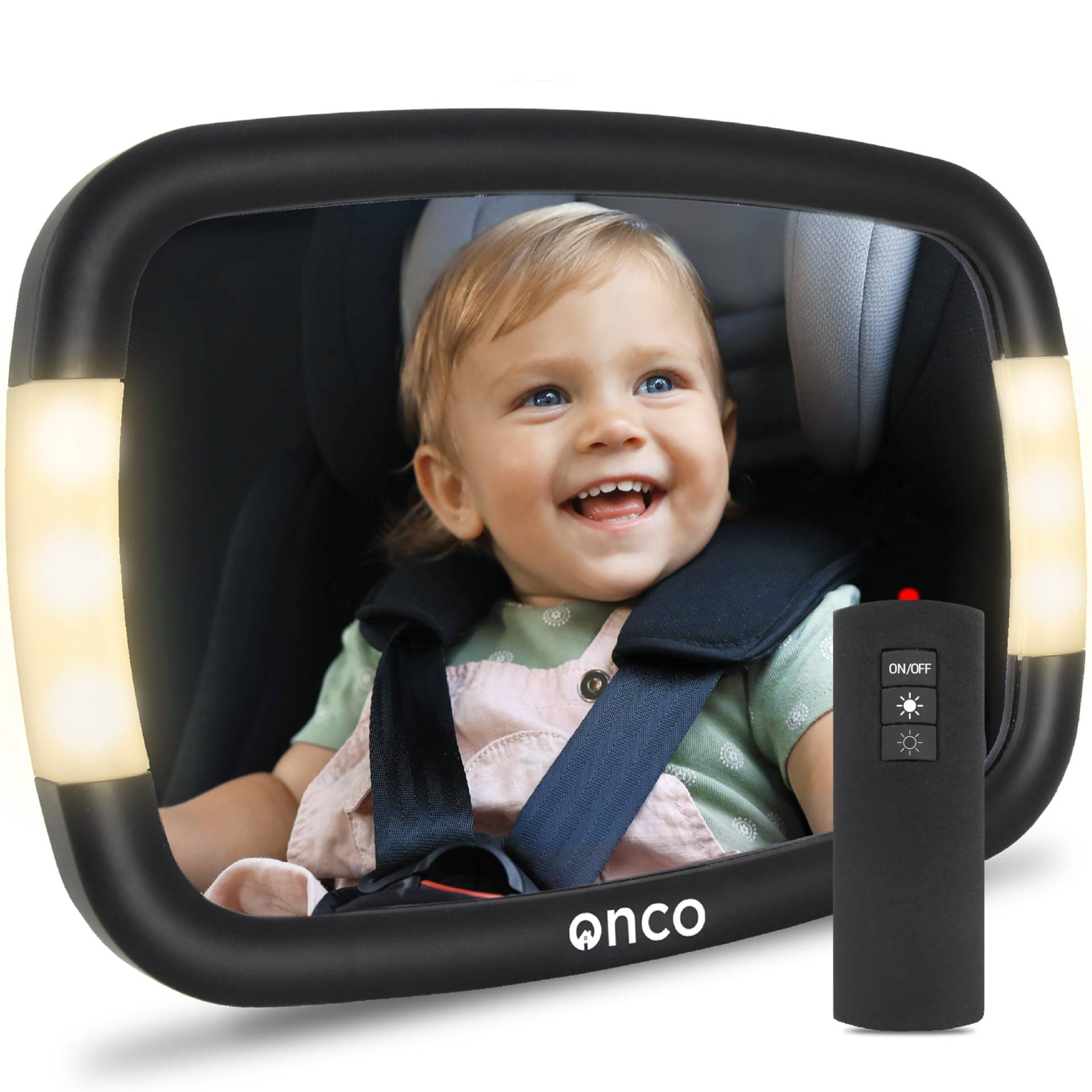 Onco LED Baby Rückspiegel Auto - 2 Licht-Modi für Tag & Nacht, 100% Bruchsicher, Spiegel Auto Baby Rückbank, 360° Kinderspiegel Auto Baby Spiegel, Universelle Baby Erstausstattung & Zubehör von Onco