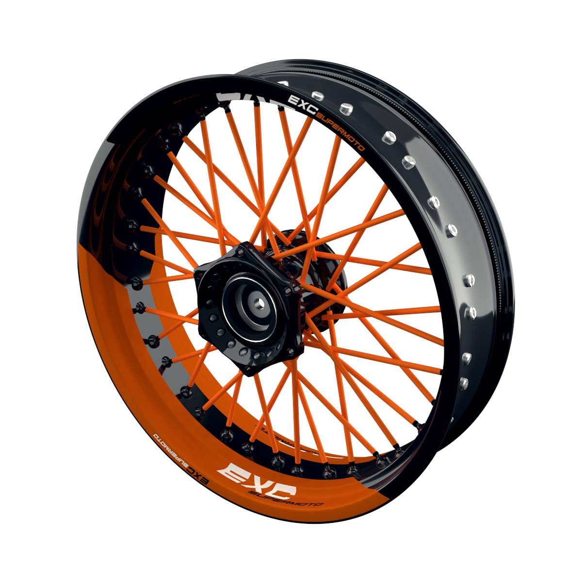 One-Wheel, Premium Felgenaufkleber passend für KTM EXC, Motiv: EXC Supermoto halb halb geteilt, Felgenrandaufkleber GP, Wheelsticker Motorrad, Farbe: orange von One-Wheel