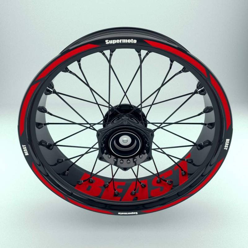 Felgenaufkleber Supermoto 17 Zoll | Felgenbettaufkleber Beast für 32 und 36 Speichen Felgen | Set für Vorder- & Hinterreifen (Rot, 36 Speichen) von OneWheel