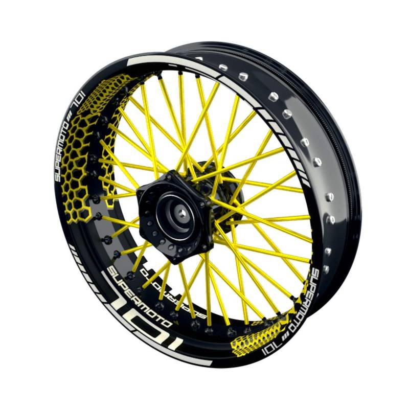 OneWheel Felgenaufkleber Motorrad passend für Supermoto Husqvarna 701 Design 3 | 17 Zoll | Vorder- und Hinterrad inkl. Farbiger Spokes (gelb) von OneWheel