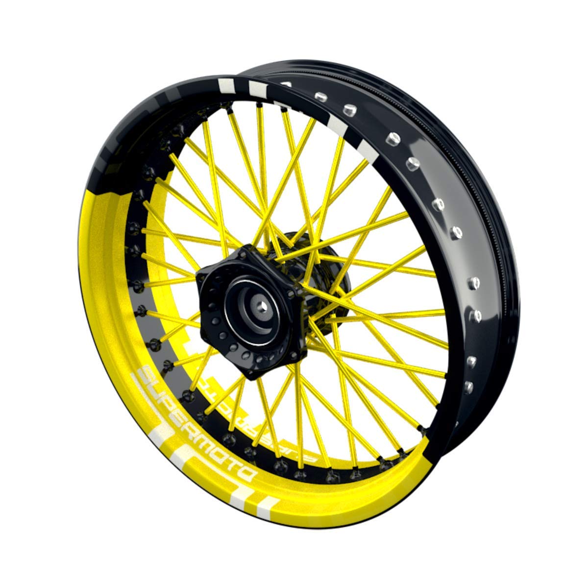 OneWheel Felgenaufkleber Motorrad passend für Supermoto Husqvarna 701 Design 9 | 17 Zoll | Vorder- und Hinterrad inkl. Farbiger Spokes (gelb) von OneWheel