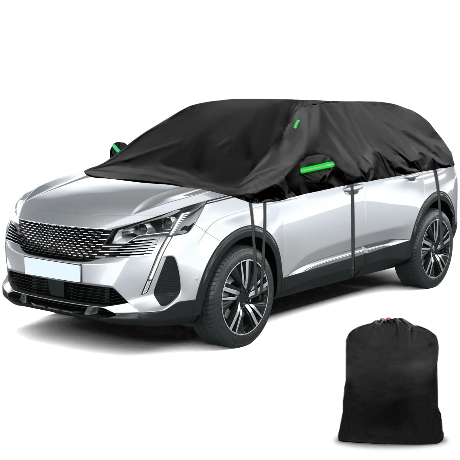 Auto Schwarzes Halbgarage für Peugeot 3008 2007-2023, SWB 300D Soft Windschutzscheibe Abdeckung Hälfte Auto Abdeckung mit verstellbaren elastischen Schnur und Haken von Opaltool