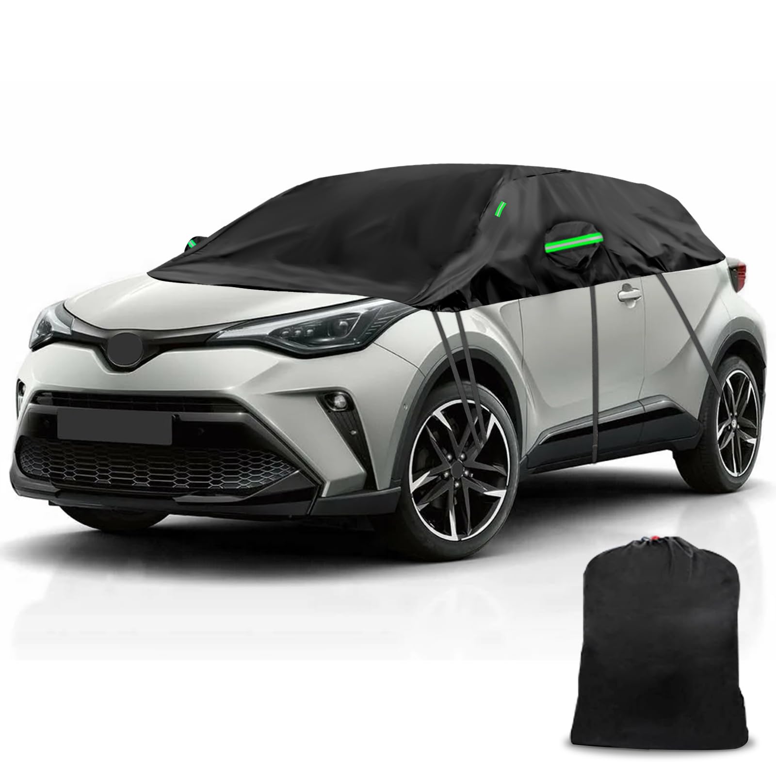 Auto Schwarzes Halbgarage für Toyota C-HR 2016-2024, SWB 300D Soft Windschutzscheibe Abdeckung Hälfte Auto Abdeckung mit verstellbaren elastischen Schnur und Haken von Opaltool