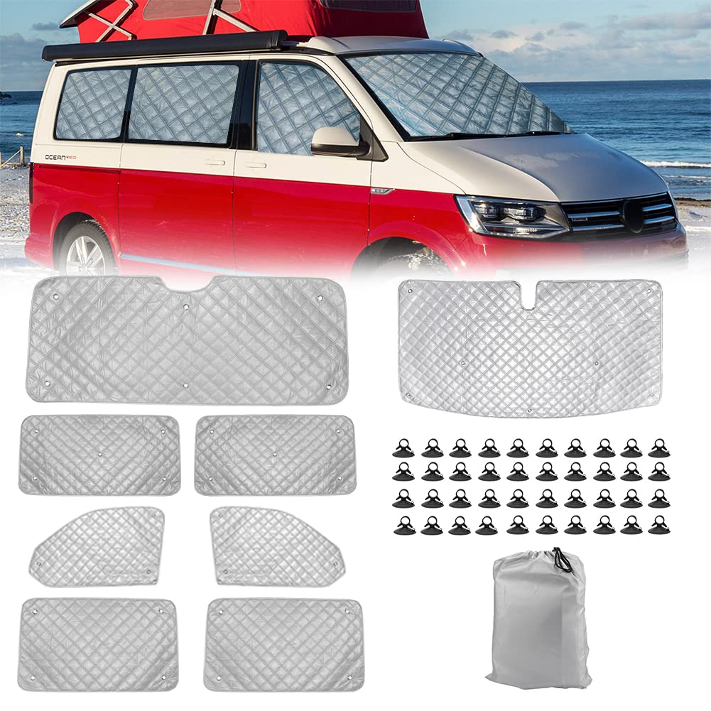 Thermomatte Fahrerhaus Innen für VW T5 T6, 8 STK LWB Wasserdicht UV-Proof Sonnenschutz Auto Frontscheibe Wintergegen Schnee Frontscheibenabdeckung mit Schwarzem Rücken, 98% Verdunkelung von Opaltool