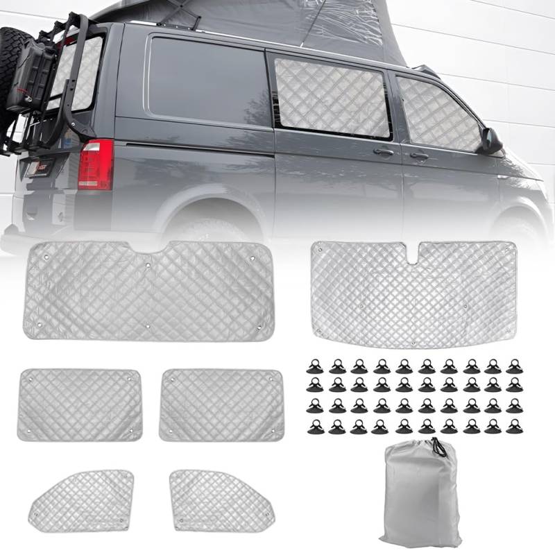 Thermomatte Fahrerhaus Innen für VW T5 T6 Kombi, 6 STK Wasserdicht UV-Proof Sonnenschutz Auto Frontscheibe Wintergegen Schnee Frontscheibenabdeckung mit Schwarzem Rücken, 98% Verdunkelung von Opaltool