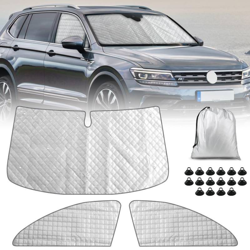 Sonnenschutz Auto Frontscheibe für VW Tiguan 2017-2024, 3PCS Internes Thermomatte Set mit Aufbewahrungstasche, Sonnenschutz Frontscheibe innen, 98% Verdunkelung von Opaltool