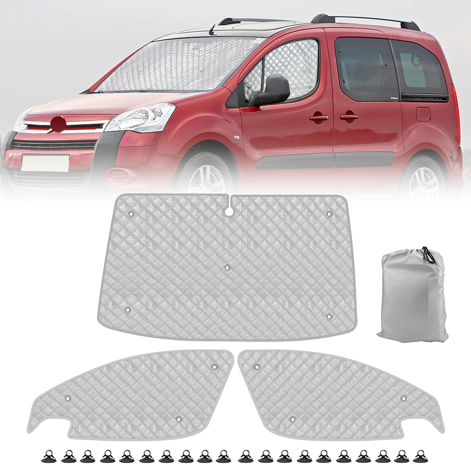 Thermomatte Fahrerhaus Innen für 2008-2018 Citroen Berlingo, 3 Stk Wasserdicht UV-Proof Sonnenschutz Auto Frontscheibe Wintergegen Schnee Frontscheibenabdeckung mit Schwarzem Rücken, 98% Verdunkelung von Opaltool