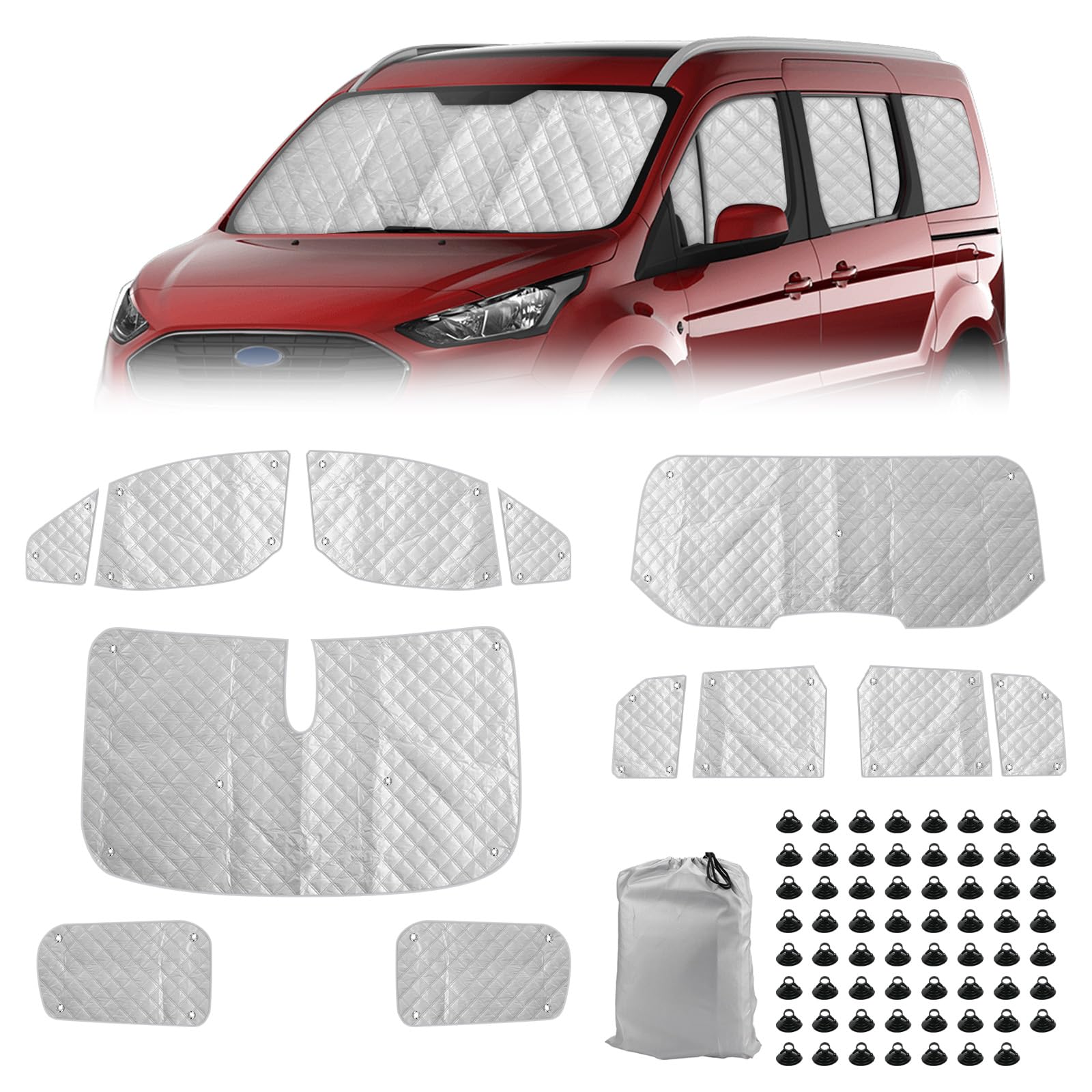 Thermomatte Fahrerhaus Innen für 2013-2022 Ford Tourneo Connect, 12 STK LWB Wasserdicht UV-Proof Auto Frontscheibe Schnee Frontscheibenabdeckung mit Schwarzem Rücken, 98% Verdunkelung von Opaltool