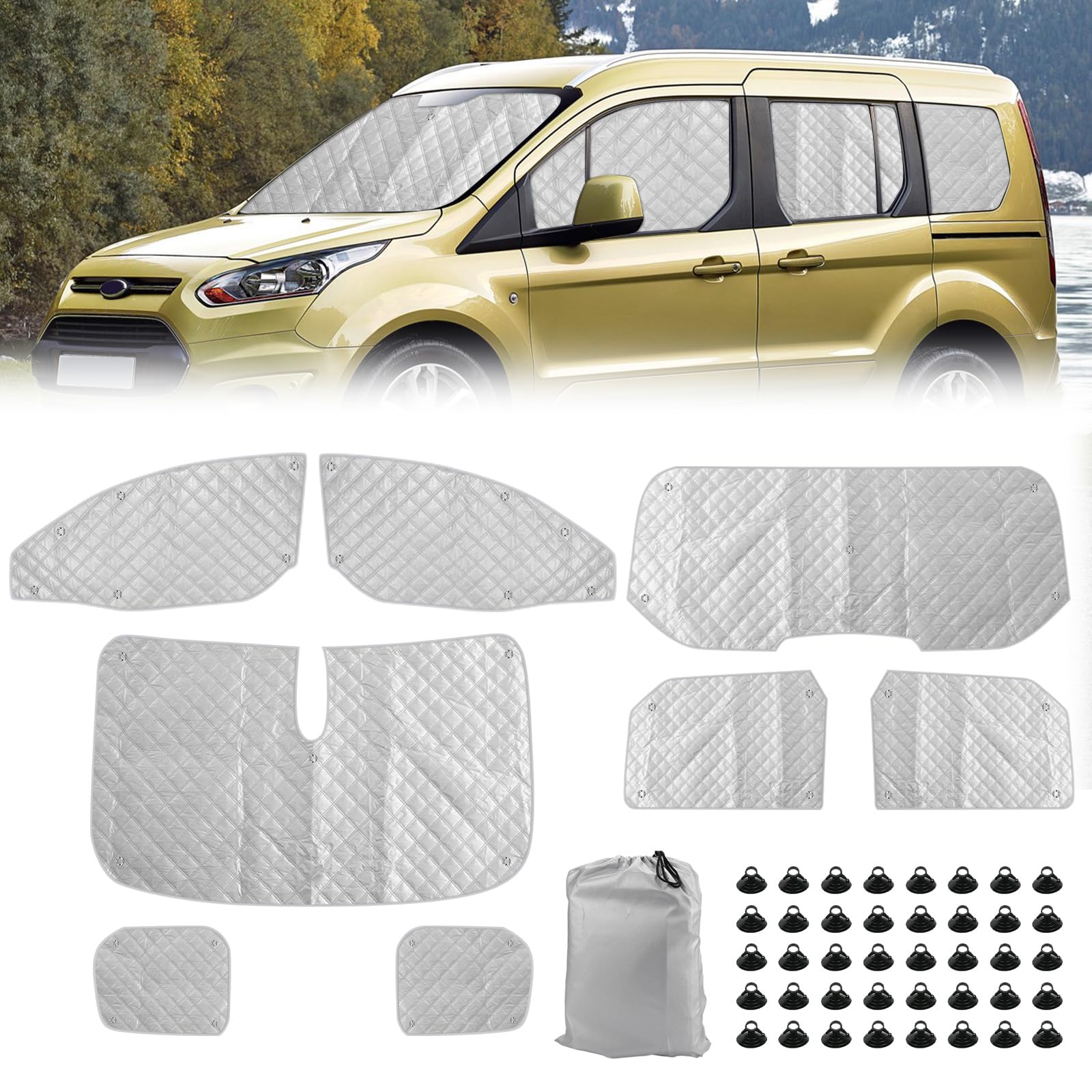 Thermomatte Fahrerhaus Innen für 2013-2022 Ford Tourneo Connect, 8 STK SWB Wasserdicht UV-Proof Auto Frontscheibe Schnee Frontscheibenabdeckung mit Schwarzem Rücken, 98% Verdunkelung von Opaltool