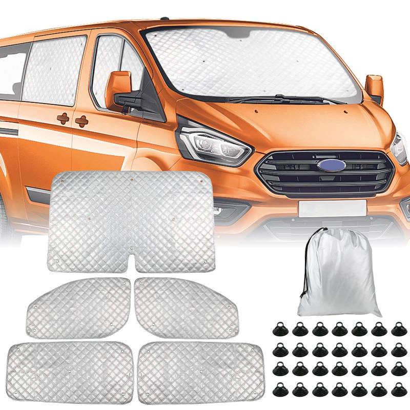 Thermomatte Fahrerhaus Innen für Ford Transit Custom 2012-2024, 5 STK Wasserdicht UV-Proof Sonnenschutz Auto Frontscheibe Schnee Frontscheibenabdeckung mit Schwarzem Rücken, 98% Verdunkelung von Opaltool