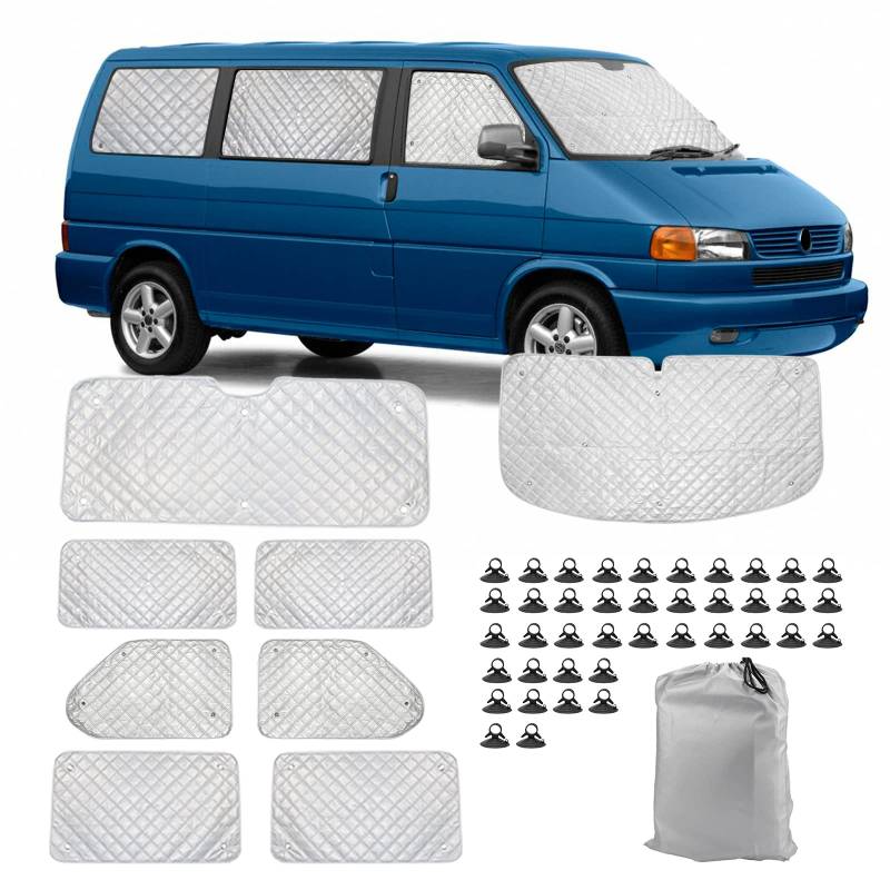 Thermomatte Fahrerhaus Innen für VW T4, 8 STK SWB Wasserdicht UV-Proof Sonnenschutz Auto Frontscheibe Wintergegen Schnee Frontscheibenabdeckung mit Schwarzem Rücken, 98% Verdunkelung von Opaltool