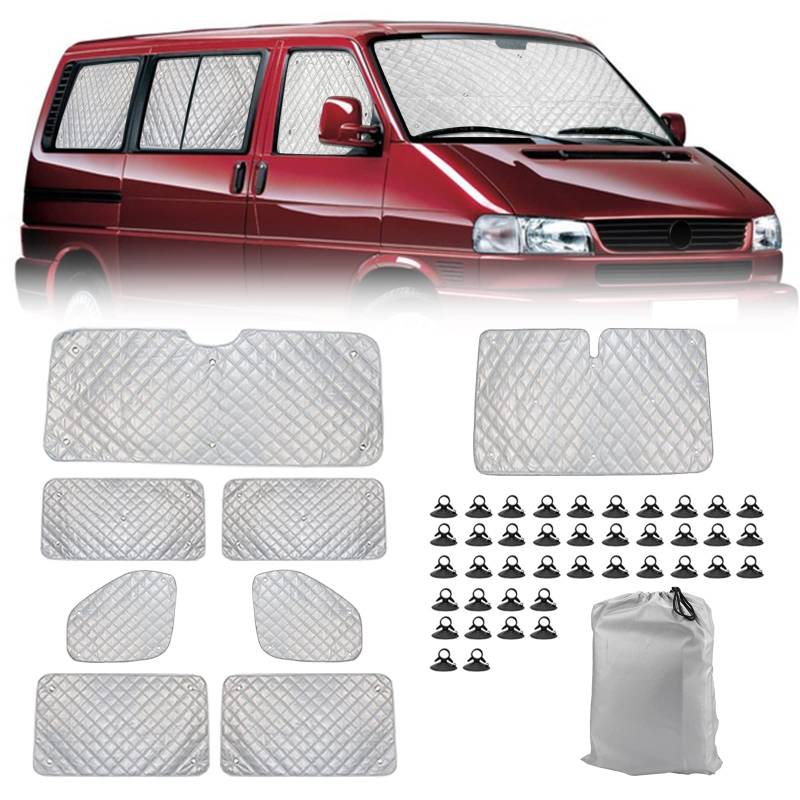 Thermomatte Fahrerhaus Innen für VW T4, 8 STK LWB Wasserdicht UV-Proof Sonnenschutz Auto Frontscheibe Wintergegen Schnee Frontscheibenabdeckung mit Schwarzem Rücken, 98% Verdunkelung von Opaltool