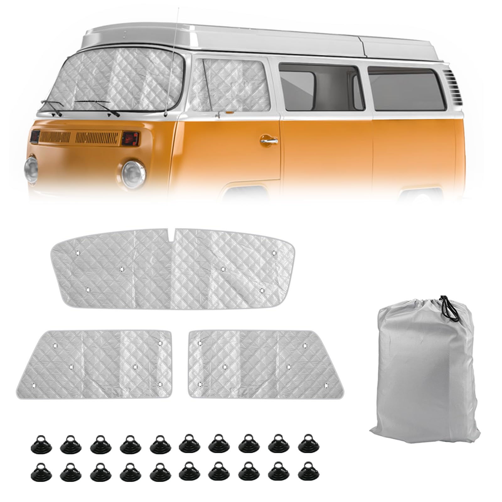 Thermomatte Fahrerhaus Innen für1967-1979 VW T2, 3 STK Wasserdicht UV-Proof Auto Frontscheibe Schnee Frontscheibenabdeckung mit Schwarzem Rücken, 98% Verdunkelung von Opaltool