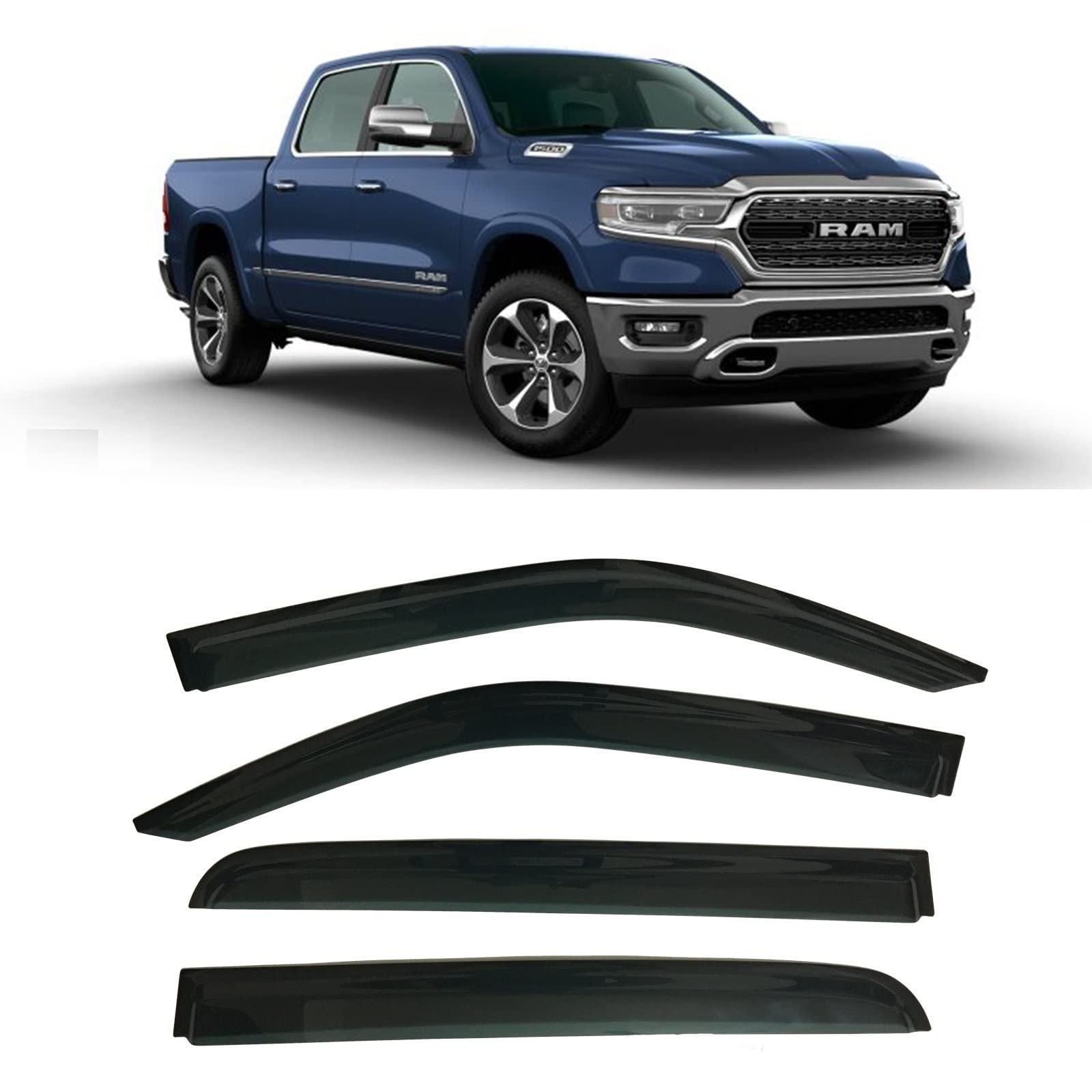 2019 2020 2021 Rauchgetöntes Seitenfenster-Windabweiser, Regenschutz, nur kompatibel mit Dodge Ram 1500 Crew Cab – 4-teiliges Set von Optimal Co