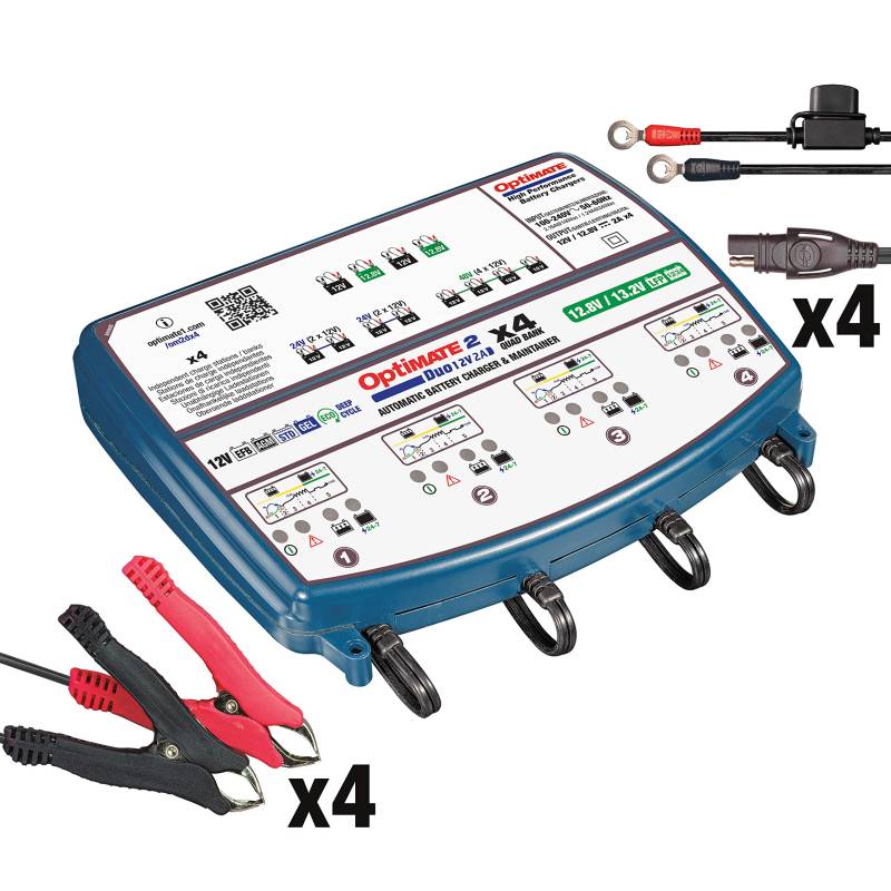 OptiMate TecMate 2 Duo x 4 Bank, TM574, Bronze-Serie: 5-stufiges 4X 12V/12,8V 2A Batterielade- & -wartungsgerät für versiegelte Batterien von Optimate