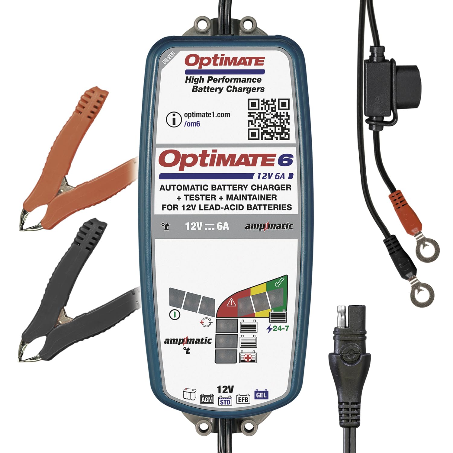 OptiMate TecMate 6 Ampmatic, TM360, 9-stufiges gekapseltes batterieschonendes 12V 6A Lade- & Wartungsgerät, Silver-Serie von Optimate