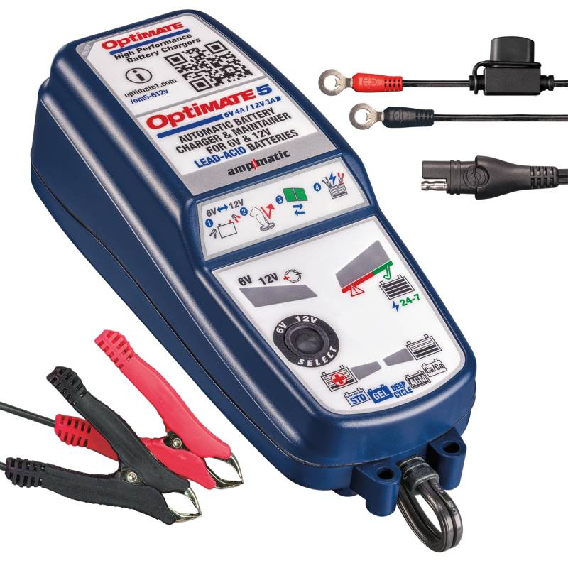 OptiMate 5 Select, TM320, 8-stufiges gekapseltes batterieschonendes 6V 4A / 12V 3A Lade- & Wartungsgerät, blau von Optimate