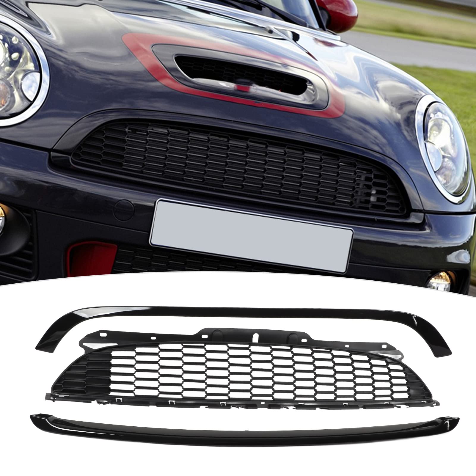 Frontstoßstangengrill, 3 teiliges Mesh Front Obergrill Grill Set, Ersatz für R55 R56 R57 R58 R59 S JCW, Glänzendes Schwarzes Wabengitter in der Mitte der Frontstoßstange von Oreq