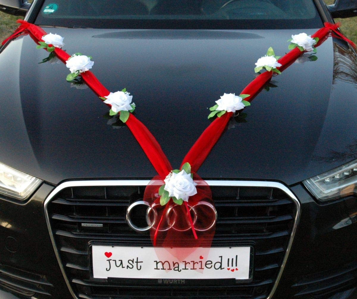 Organza M Auto Schmuck Braut Paar Rose Deko Dekoration Hochzeit Car Auto Wedding Deko Girlande PKW (Reinweiß/Rot) von Auto-schmuck so einfach so kreativ