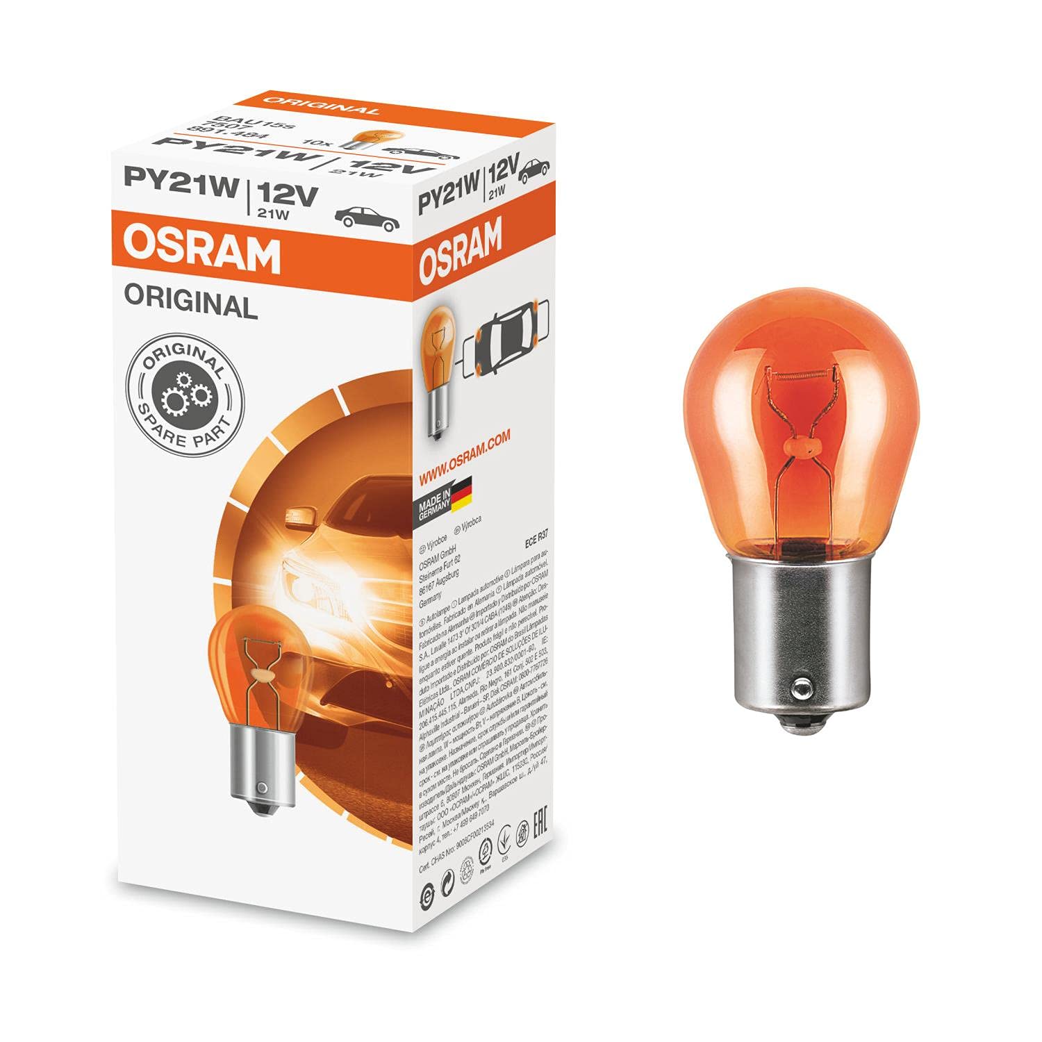 10 x Osram 581 PY21W BAU15S Bernsteinfarbene Blinkerbirne 12 V 21 W 7507 von Osram