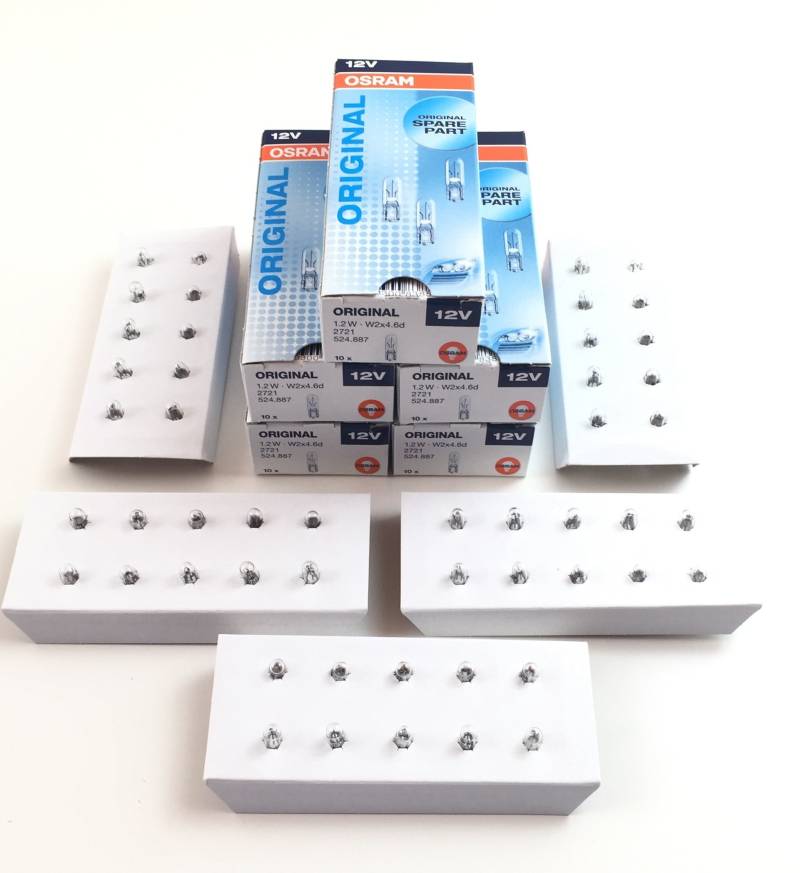 50 x Osram Lampe 12V 1,2W W2x4.6d Glassockellampe W1,2W Innenbeleuchtung 2721 von Osram