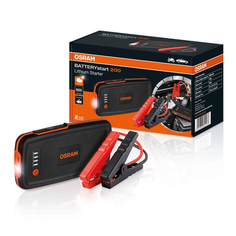 OSRAM BATTERYstart 200, KFZ Starthilfe, Lithium Batteriestarter 500A 12V für Motorrad & PKW mit Powerbank Funktion für bis zu 3L Benzinmotoren, 6000mAH von Osram