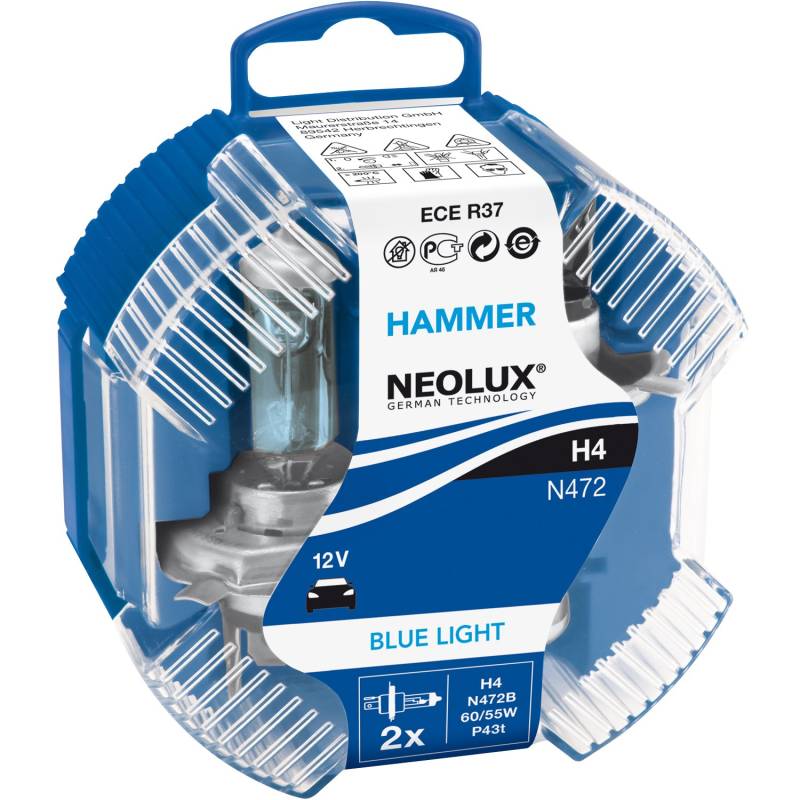 NEOLUX HAMMER BOX Blue Light H4 Halogenscheinwerferlampe N472B 12V 55/60W P43t Xenon-Look im 2er-Set von Osram