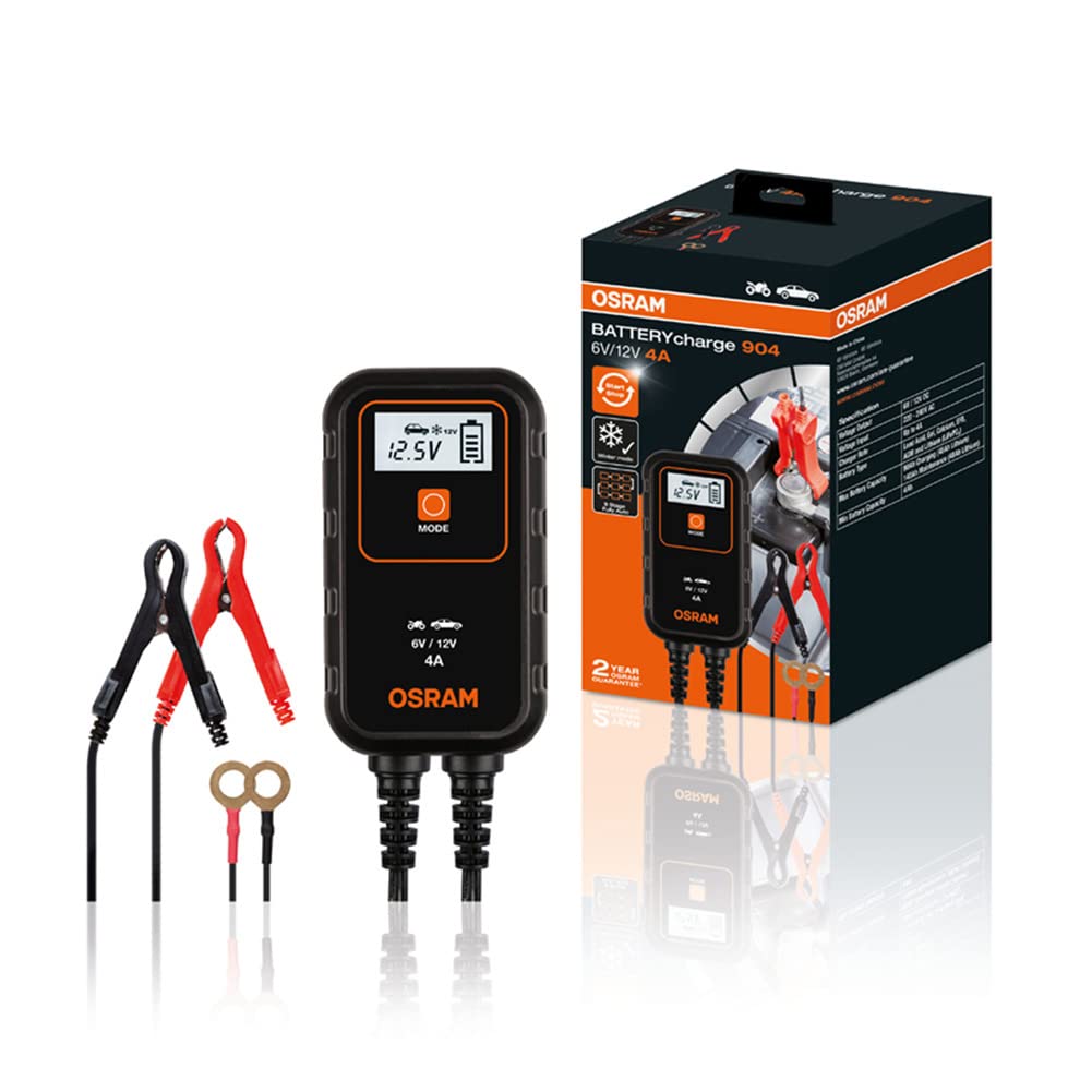 OSRAM BATTERYcharge 904, KFZ-Batteriewartungsgerät 12V, mobiles KFZ Batterieladegerät für PKW & Motorrad, Orange von Osram