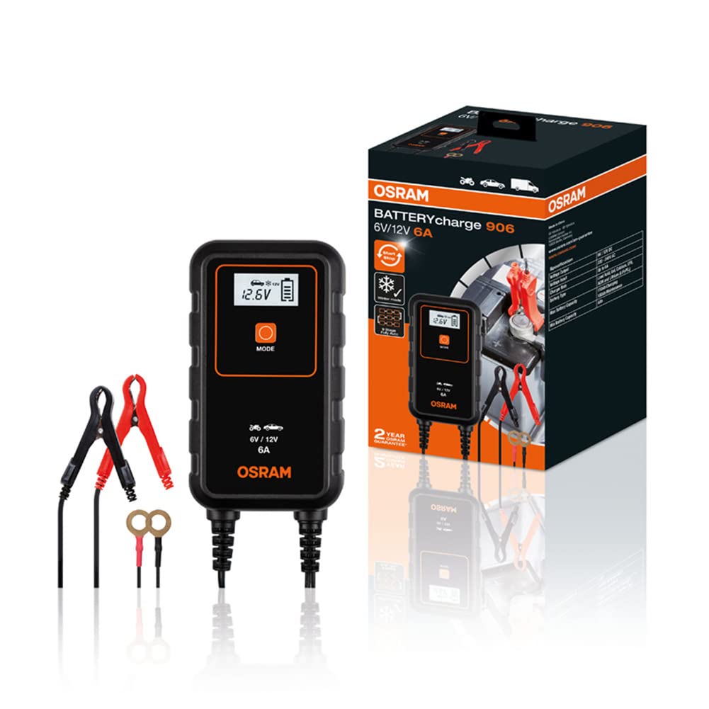 OSRAM BATTERYcharge 906, KFZ-Batteriewartungsgerät 12V, mobiles KFZ Batterieladegerät für PKW, Motorrad, SUV, Van, Schwarz von Osram