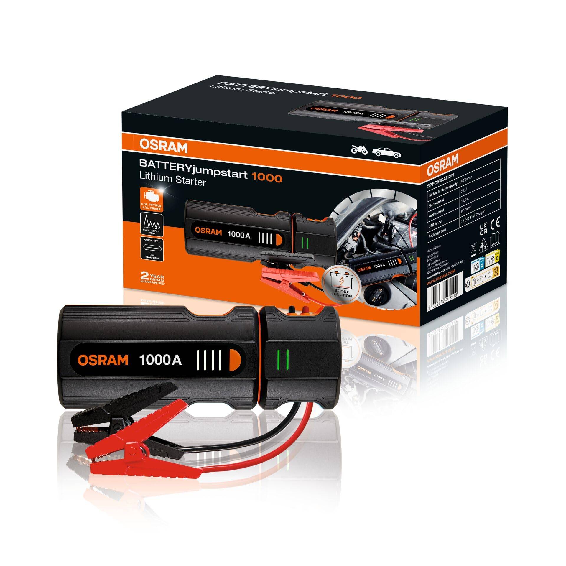 OSRAM BATTERYjumpstart 1000, Starthilfe Powerbank,Lithium-Starthilfegerät, für 12V-Fahrzeuge mit bis zu 5.0L Benzin- und 2.0L Dieselmotoren, Black von Osram