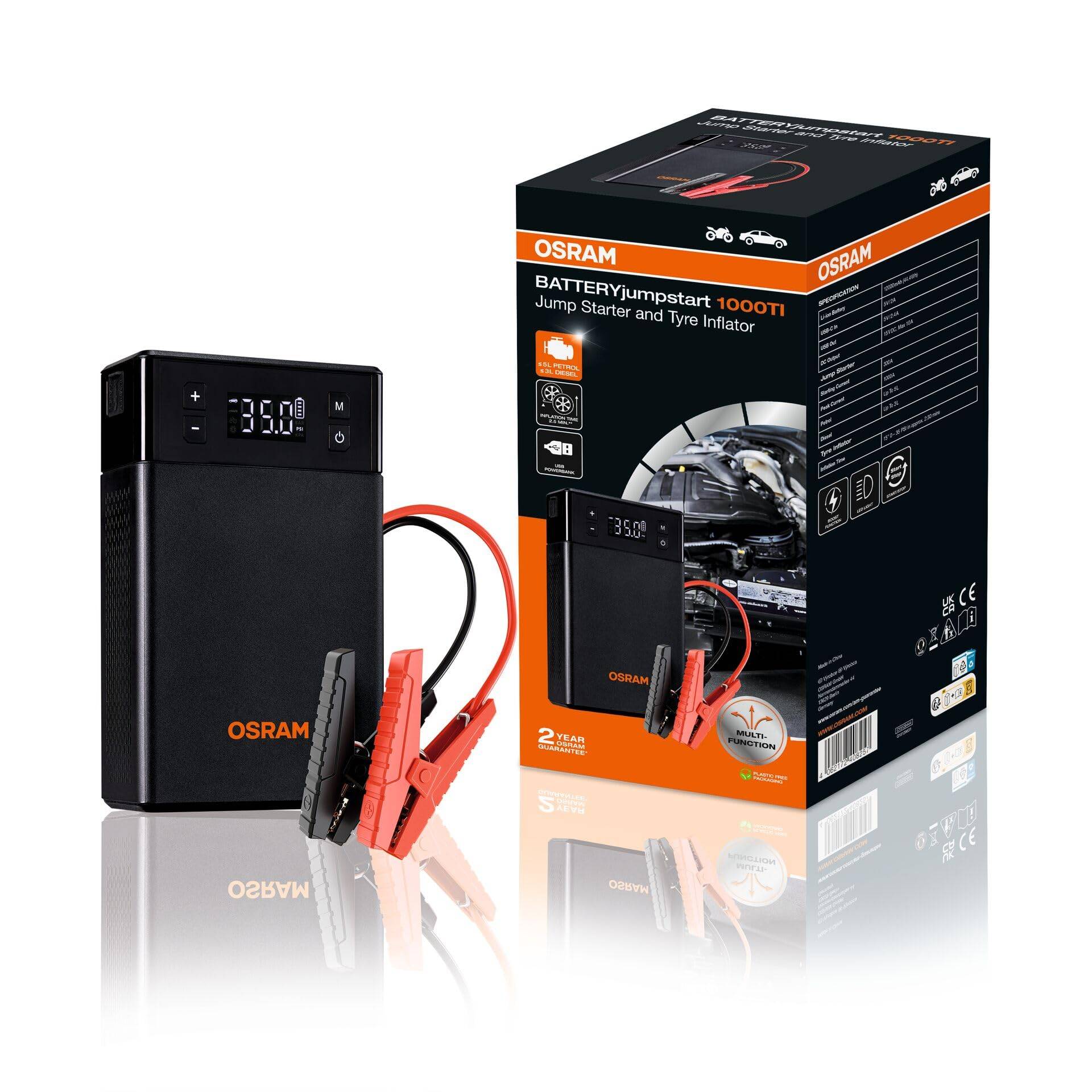 OSRAM BATTERYjumpstart 1000TI, Starthilfe Powerbank, Lithium-Starthilfegerät und Reifenfüller, für 12V-Fahrzeuge mit bis zu 5.0L Benzin- und 3.0L Dieselmotoren, Black von Osram