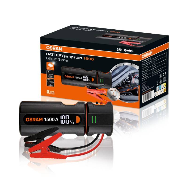 OSRAM BATTERYjumpstart 1500, Starthilfe Powerbank, Lithium-Starthilfegerät, für 12V-Fahrzeuge mit bis zu 6.0L Benzin- und 3.0L Dieselmotoren von Osram