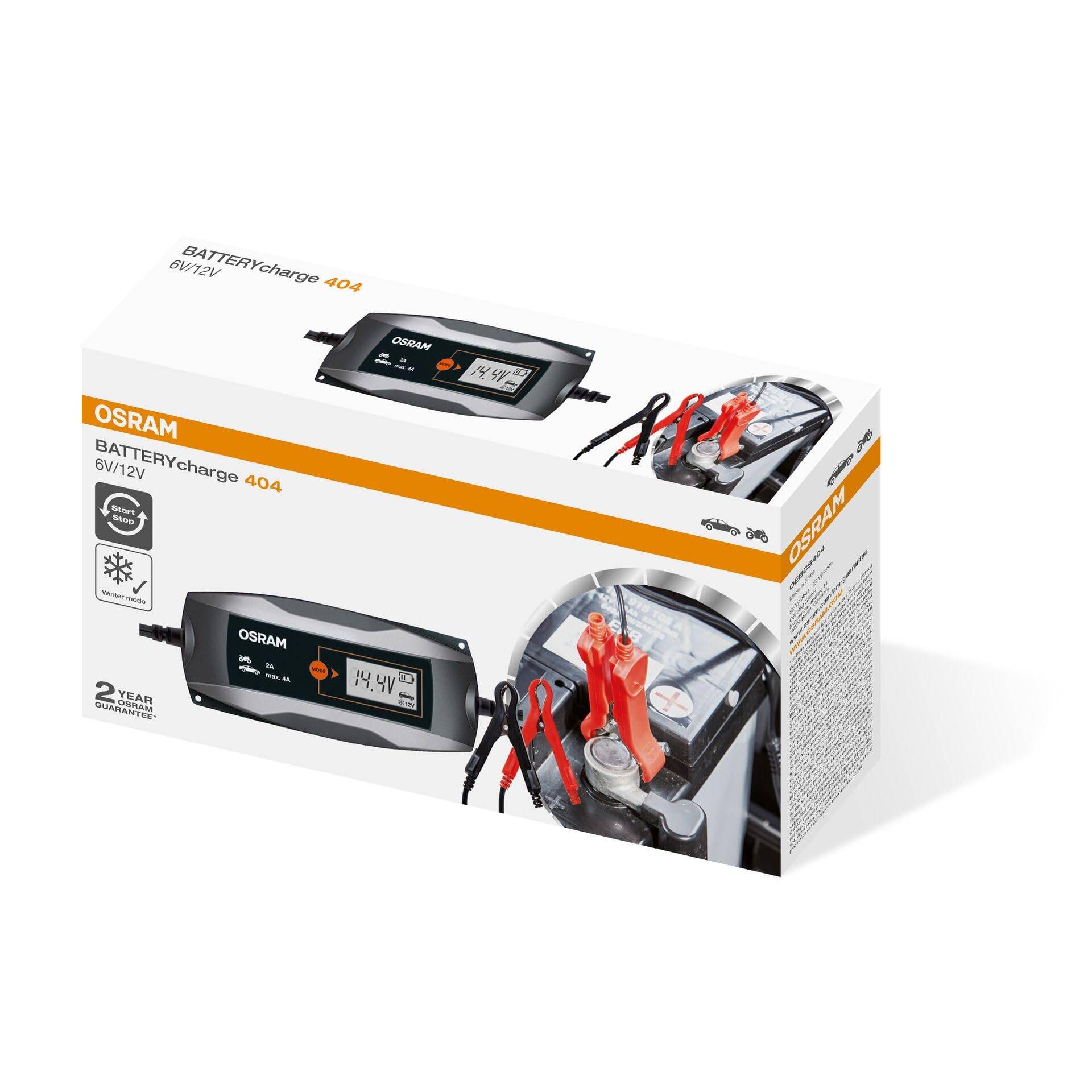 OSRAM Battery Charger 4Amp, OEBCS404, 6/12 V 4 A Smart-Batterieladegerät, maximale Ladeleistung 90 Ah, Start-/Stopp-kompatibel, Autos mit Diesel-/Benzinmotoren, 12-V-Batterie für Hybrid-/Elektroautos von Osram