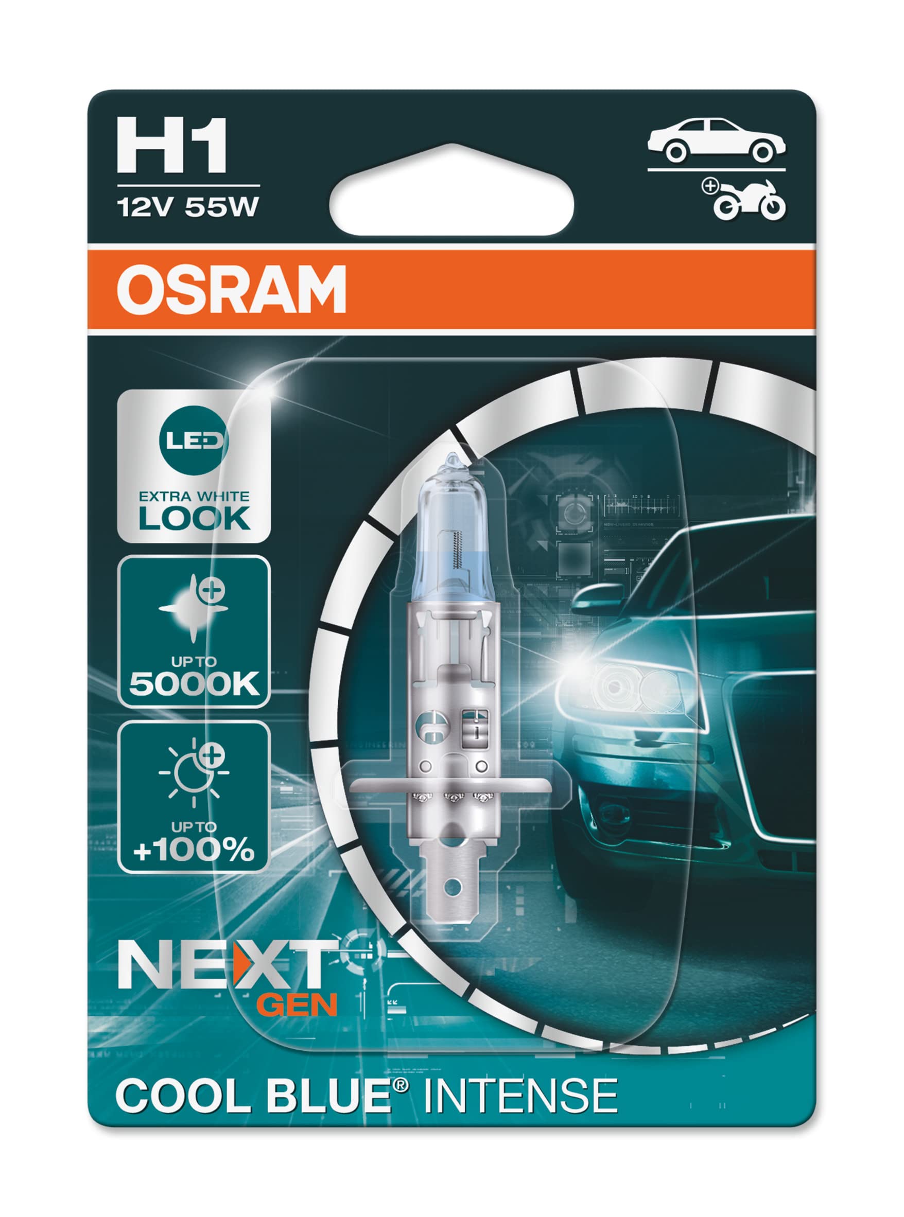 OSRAM COOL BLUE INTENSE H1, +100% mehr Helligkeit, bis zu 5.000K, Halogen-Scheinwerferlampe, LED-Look, Einzelblister (1 Lampe) von Osram